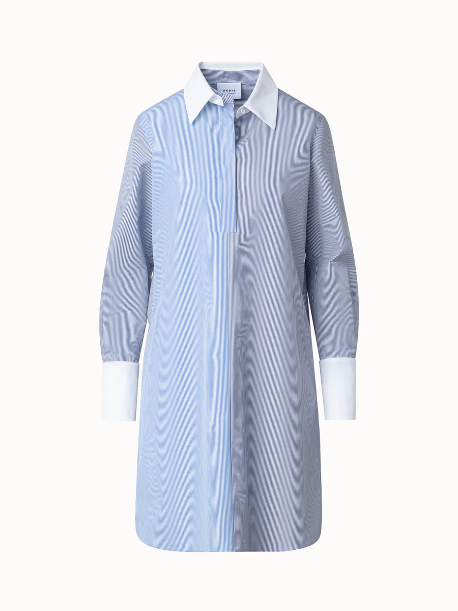 Striped Shirt Dress with Detachable White Collar and Cuffs