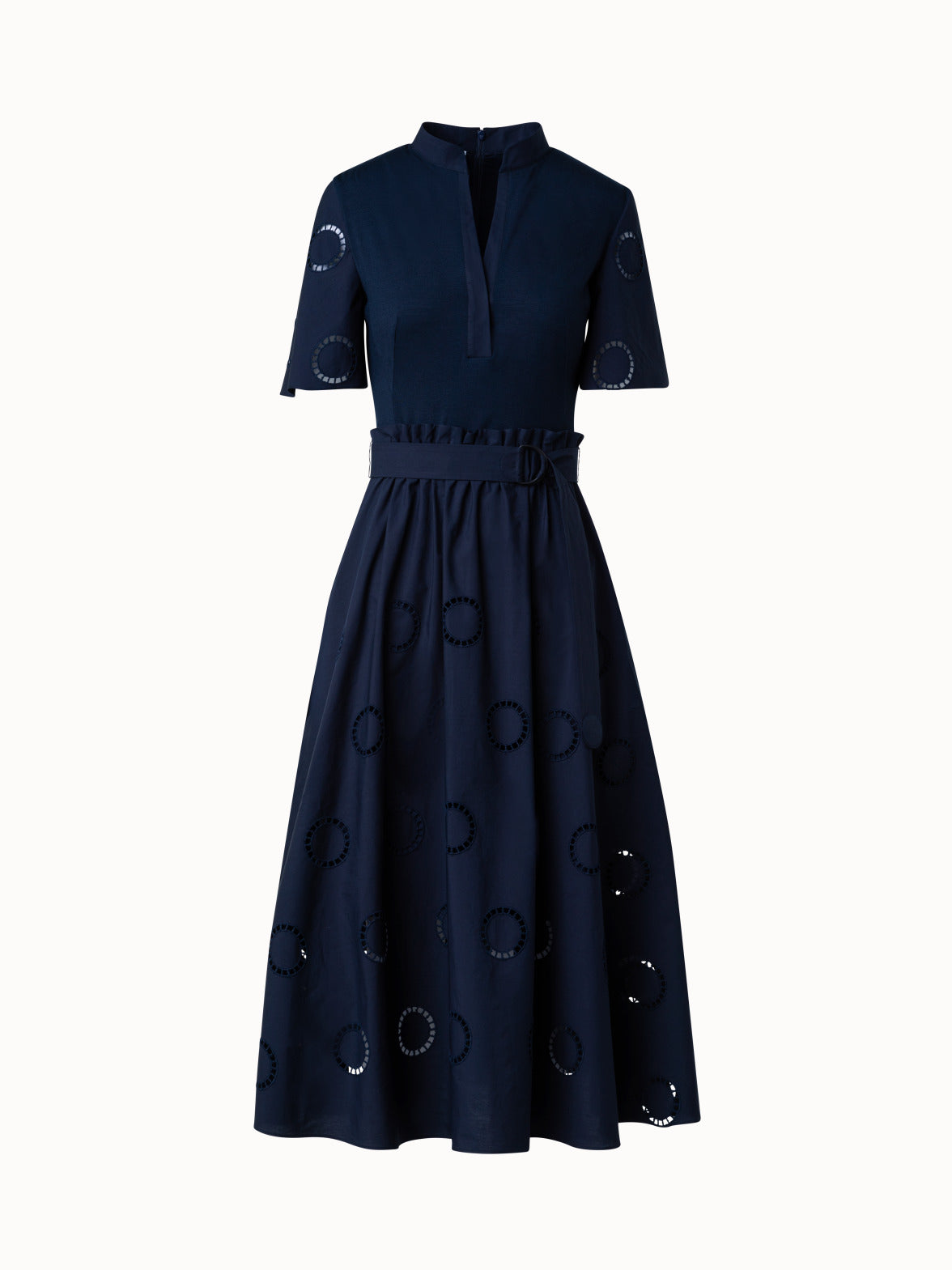 Akris Punto Fit and Flare Midi Shirt Dress with Circle Embroidery Navy 6