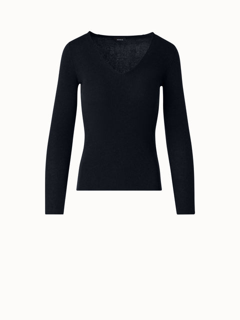 Silk Cotton Fine Rib V-neck Sweater