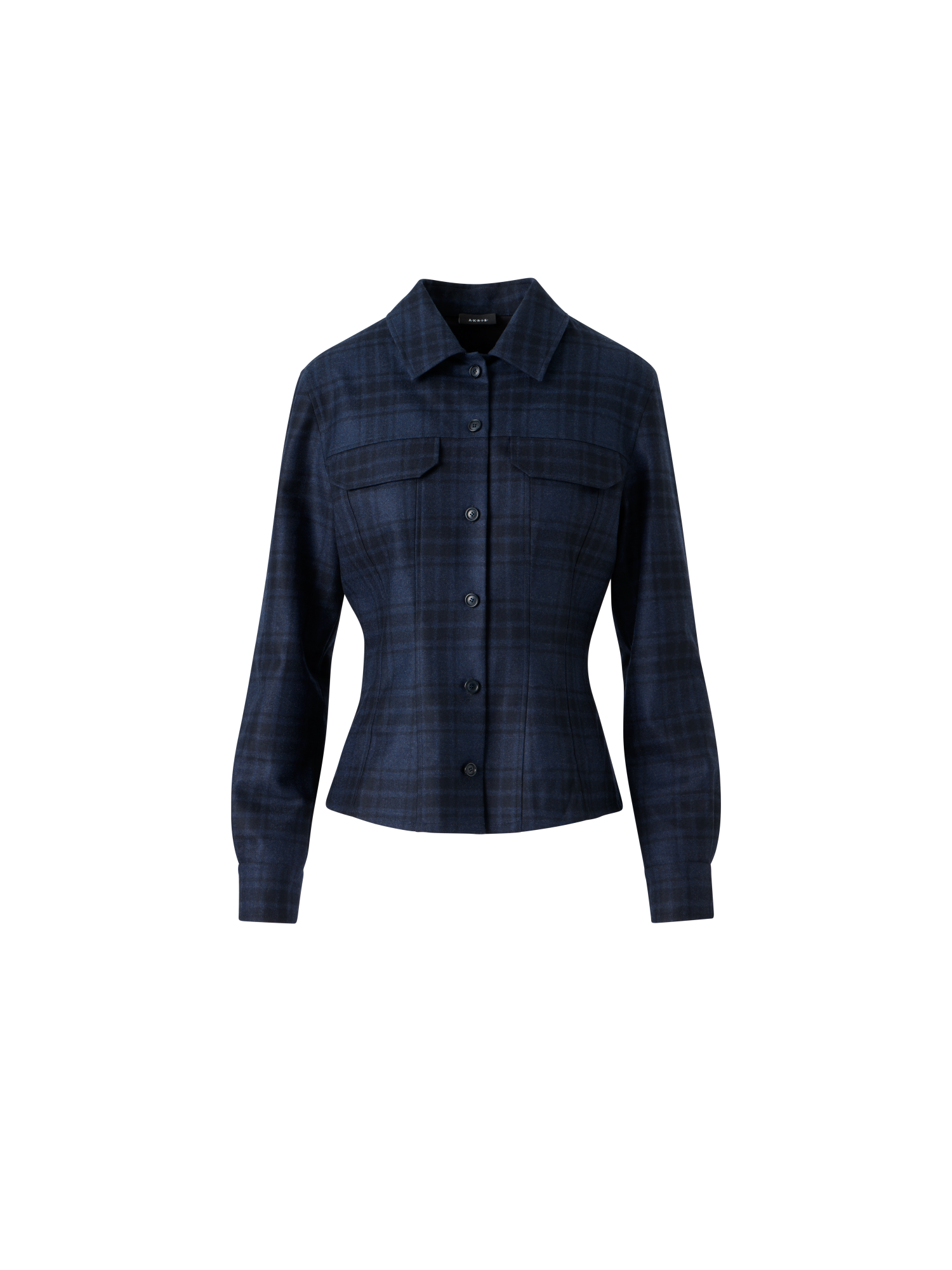 Fitted Wool Flannel Plaid Shirt Blouse Denim-Black / 6, image size:1500x2000