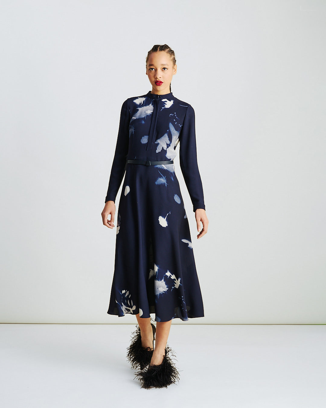 Akris belted midi shirt-dress in wildflower print (navy/ecru) – silk-wool blend, button-through front, leather belt and flowing skirt.