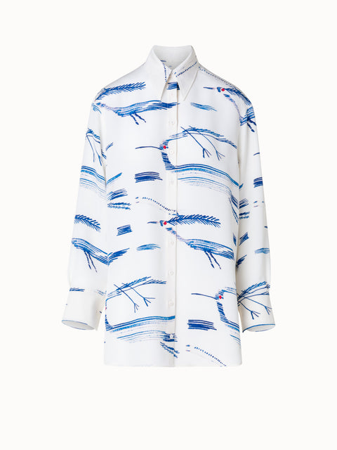 Oversized Silk Tunic Blouse with Kasuri Birds Print