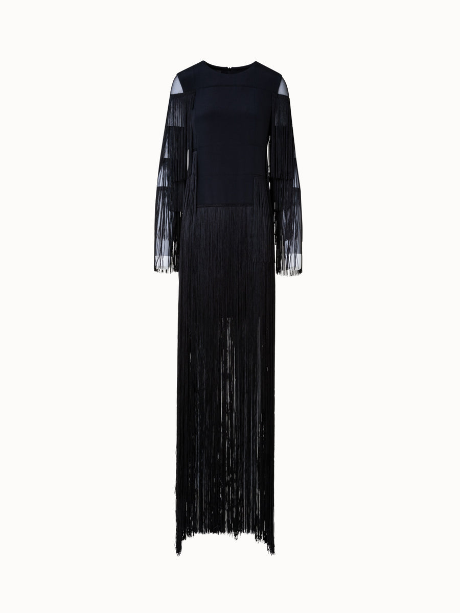 Fringed Long Sleeve Wrap Evening Dress