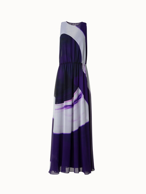 Long A-Line Silk Dress with Purple Loop Print