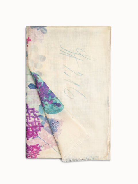 Scarf in Cashmere Silk with Denim Blossom Print