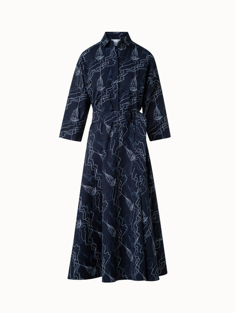 Midi Shirt Dress in Cotton with Sailboat Print