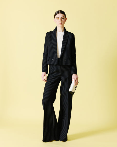 Wide Leg Pants in Wool Double-Face with Pinstripes