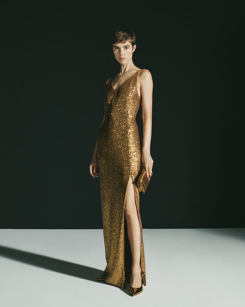 Long Sequined Evening Gown with V-Neck