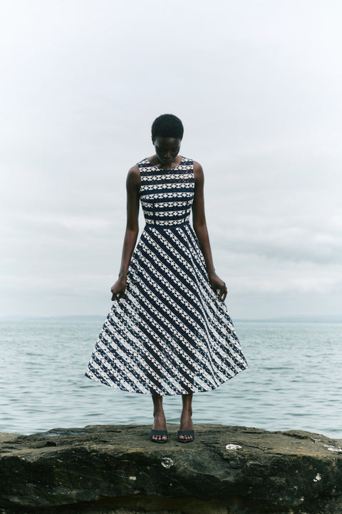 Midi Dress in Stripe Embroidery