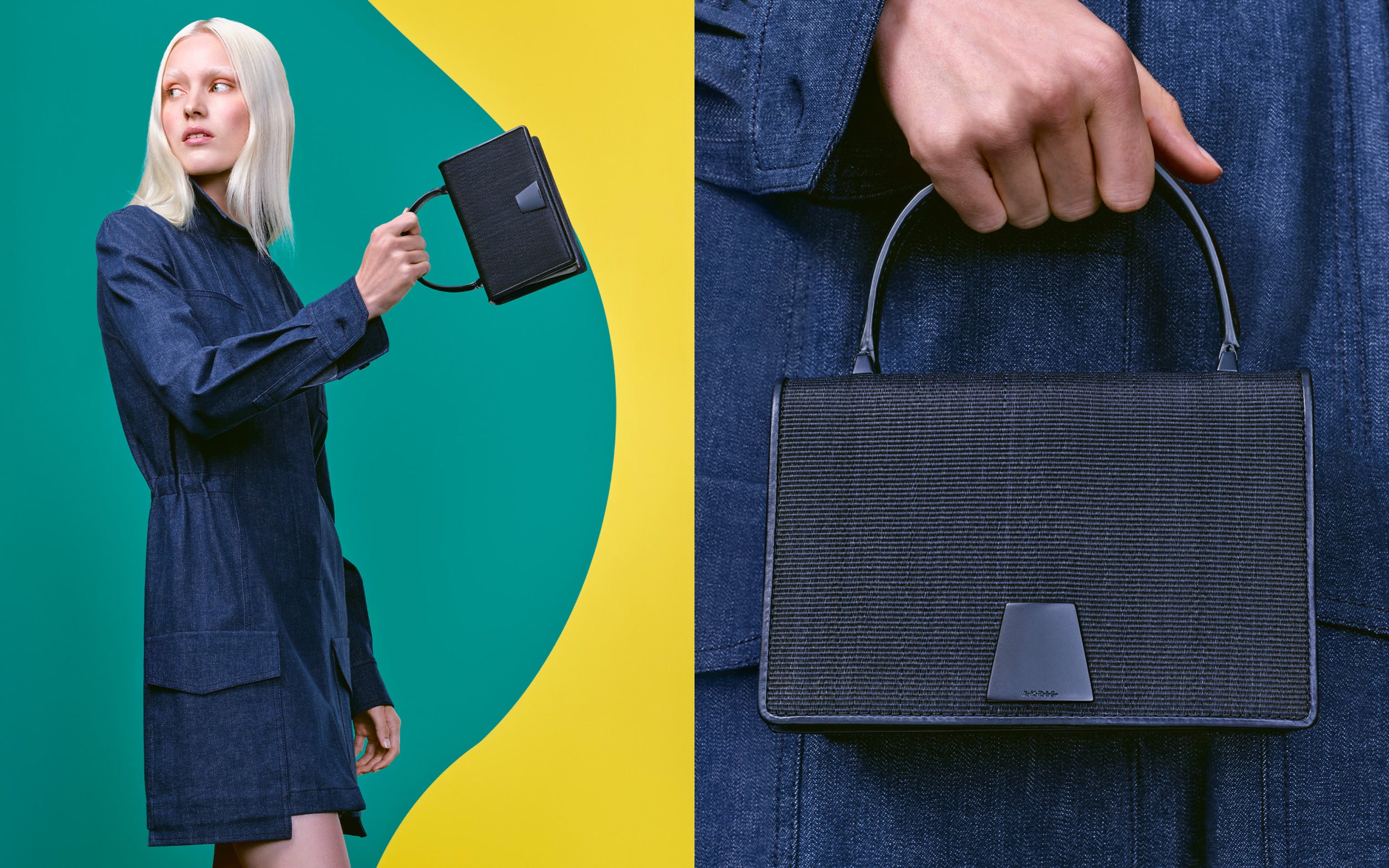 Akris Alice bag in dark blue denim featuring a structural top handle and the signature trapezoid closure, matching a denim dress against a geometric colorful background.