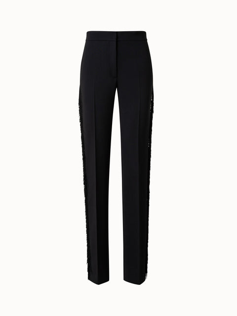 Wool Stretch Crêpe Straight Leg Pants with Side Seam Fringes