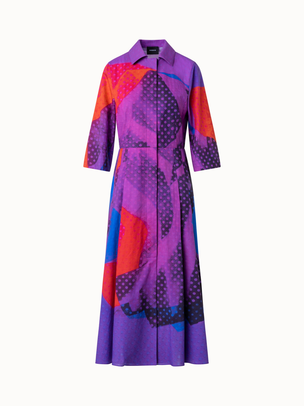 Knee Long Multicolor Shirt Dress with Superimposition Print
