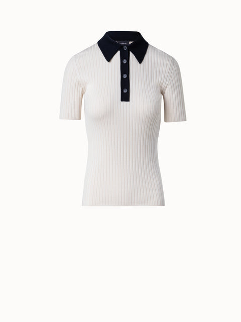 Knit Polo Shirt in Silk and Cotton with Black Collar