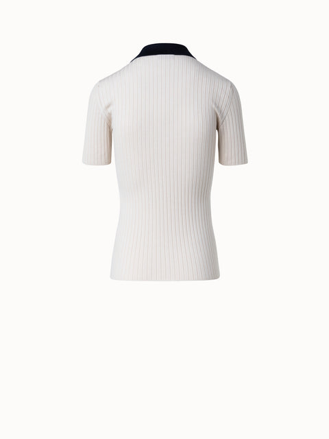 Knit Polo Shirt in Silk and Cotton with Black Collar