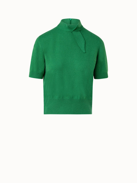 Short Sleeve 100% Cashmere Top with Knot Mockneck