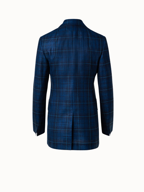 Long Checked Double-Breasted Jacket in Cotton Silk