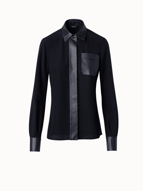Silk Crêpe Shirt Blouse with Leather Trims