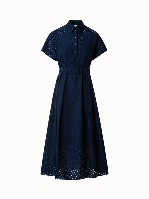 Cotton A-line Flare Midi Dress with Lasercut Grid