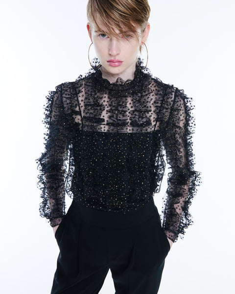 Sheer Tulle Blouse with Gold Dots