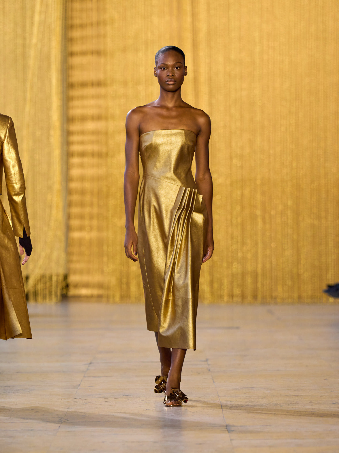 A tribute to Olga de Amaral in the Akris FW26 collection in Paris, defined by a dialogue between deep blacks, burgundy, and metallic gold accents