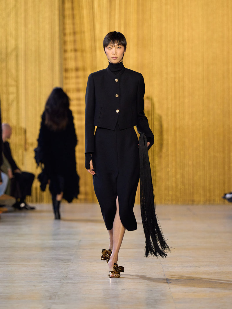 A tribute to Olga de Amaral in the Akris FW26 collection in Paris, defined by a dialogue between deep blacks, burgundy, and metallic gold accents