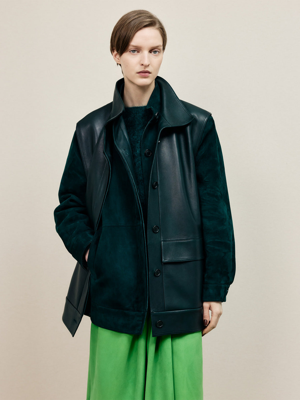 Akris Fall 2026 Duo Jacket in suede and nappa leather featuring the signature Duo Concept, layered texture and depth.