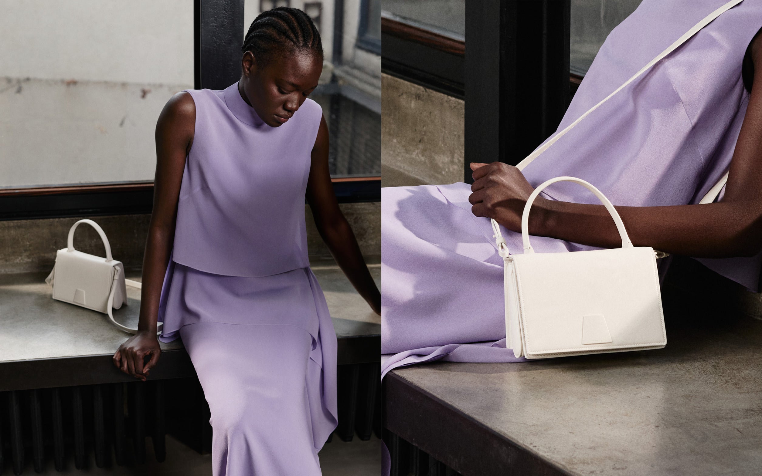 Model styling a sleeveless lilac top and matching skirt featuring lavender, the color of the season, from Akris Pre-Fall 2026. Paired with a structured white leather handbag for a modern, elegant luxury look.