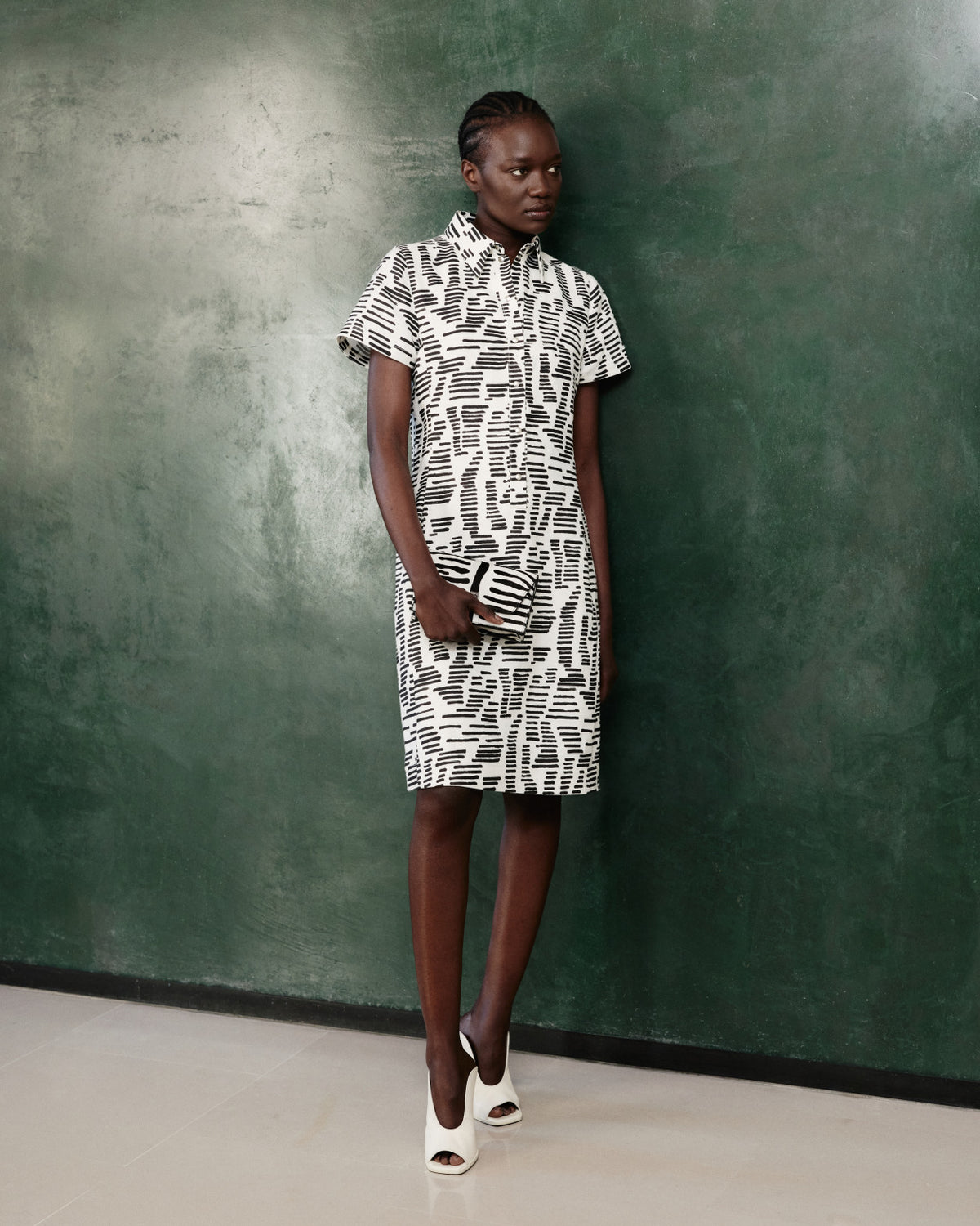 Akris Pre-Fall 2026 collection shirt dress and matching clutch bag.
Features a modern black and white graphic pattern with abstract strokes.
Short-sleeved designer knee-length dress styled with open-toe mules.