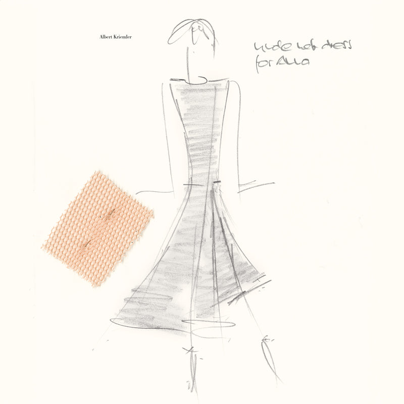 A simple sketch of an Akris designer dress for the Hamburg State Opera, with a tulle fabric pattern next to it.