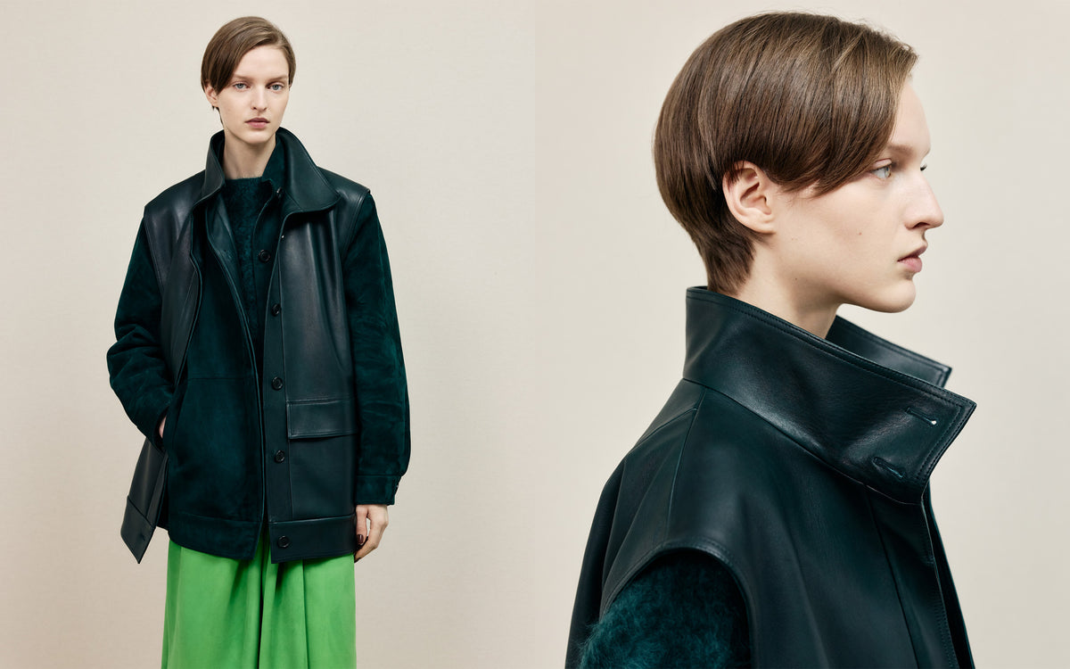 Akris Fall 2026 Duo Jacket in suede and nappa leather featuring the signature Duo Concept, layered texture and depth.