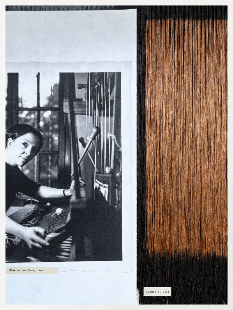 A side-by-side composition featuring a 1963 archival photo of Olga de Amaral at her loom and a close-up of vertical, copper-toned fiber art.