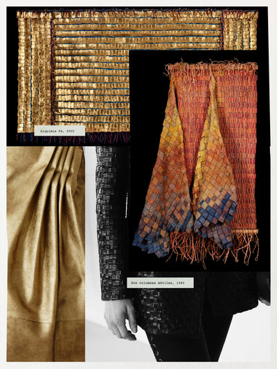 A creative collage featuring gold-leaf textile art and woven gradient fabrics in warm orange tones, paired with metallic gold and black woven fashion textures.
