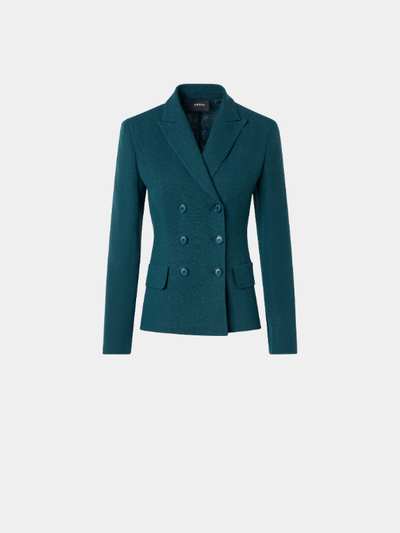 Sophisticated deep teal double-breasted blazer with a defined, tailored waistline and peak lapels.
Features a symmetrical six-button arrangement with matching buttons and two structured flap pockets.
Crafted from a richly textured fabric, offering a refined professional aesthetic.