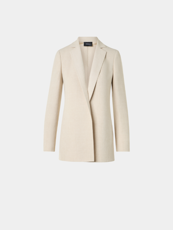 Sophisticated cream-colored single-breasted blazer with a sleek, minimalist tailored design and concealed closure.
Features subtle peak lapels and a refined, slightly elongated silhouette for a timeless and professional look.
Crafted from a premium textured fabric, offering a lightweight alternative for high-end professional attire.