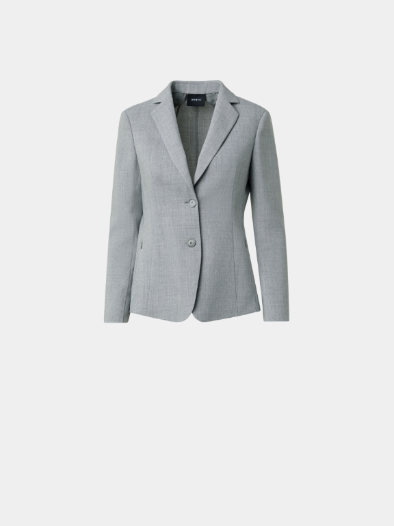 Sophisticated light grey melange single-breasted blazer with a sharp, classic tailored cut. Features neat notch lapels, a sleek two-button closure, and subtle welt pockets for a clean profile. Crafted from a premium textured fabric, providing a high-end alternative for sophisticated professional attire.