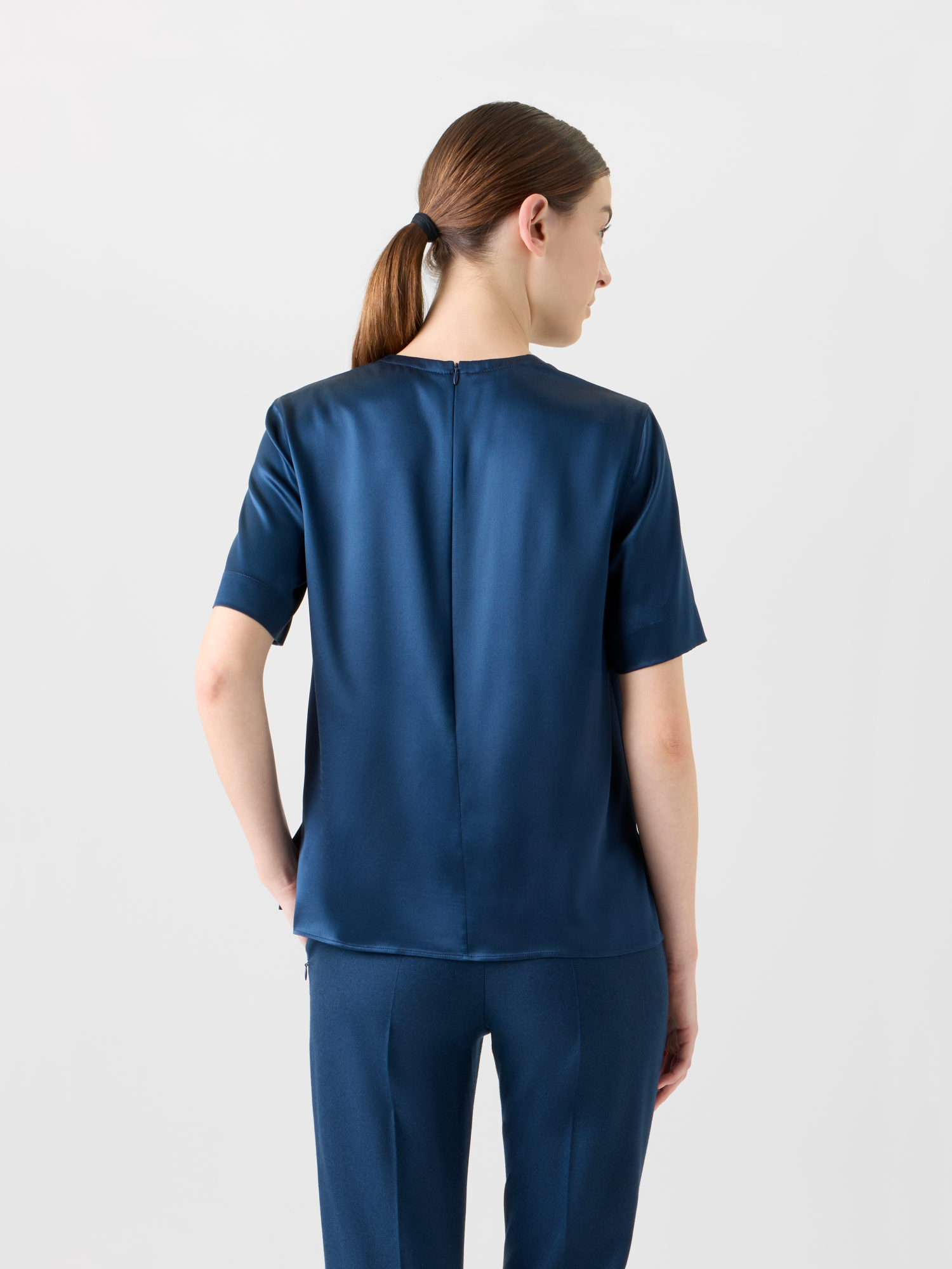 Designer T-Shirt Blouse in Silk Satin - neutral - navy - blue 