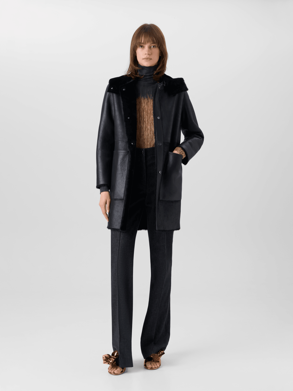 Designer Reversible Lamb Shearling Coat with Detachable Hood - black #editorial
