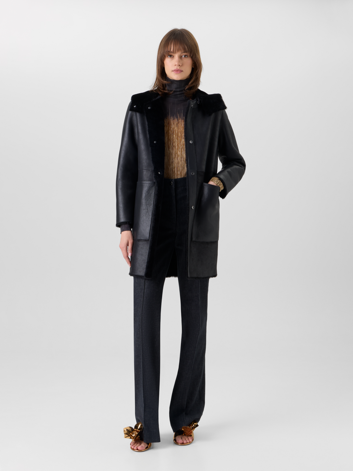Designer Reversible Lamb Shearling Coat with Detachable Hood - black 