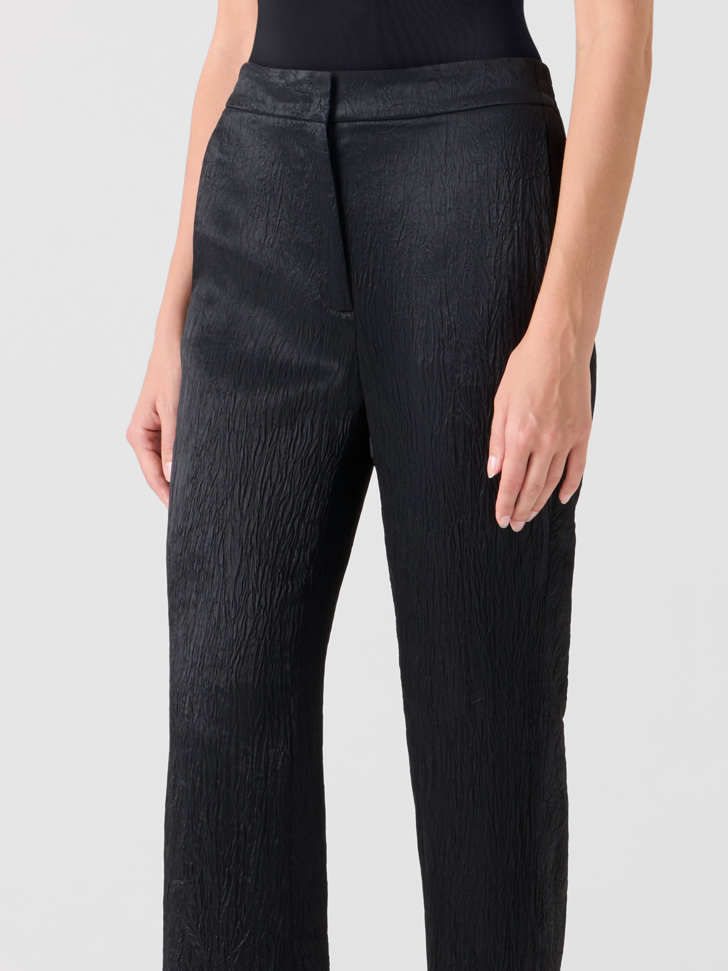 Designer Marla Elastic Waist Crinkled Satin Straight Pants - black 
