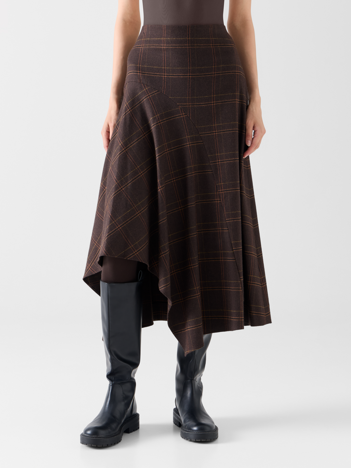 Designer Midi Skirt in Check Flannel with Handkerchief Hem - brown 