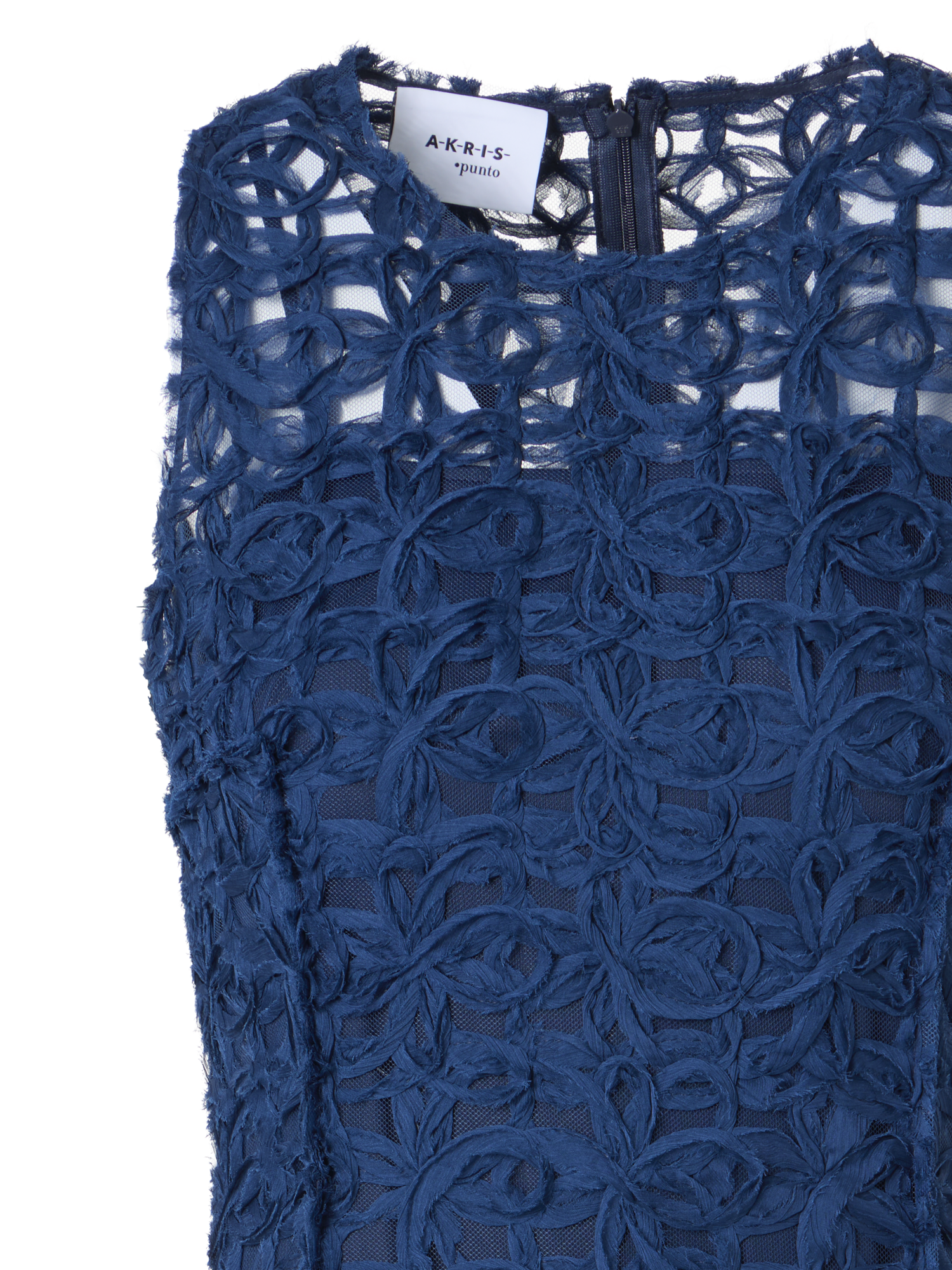 Designer Flounced Mini Dress in 3D Scribble Tulle - navy