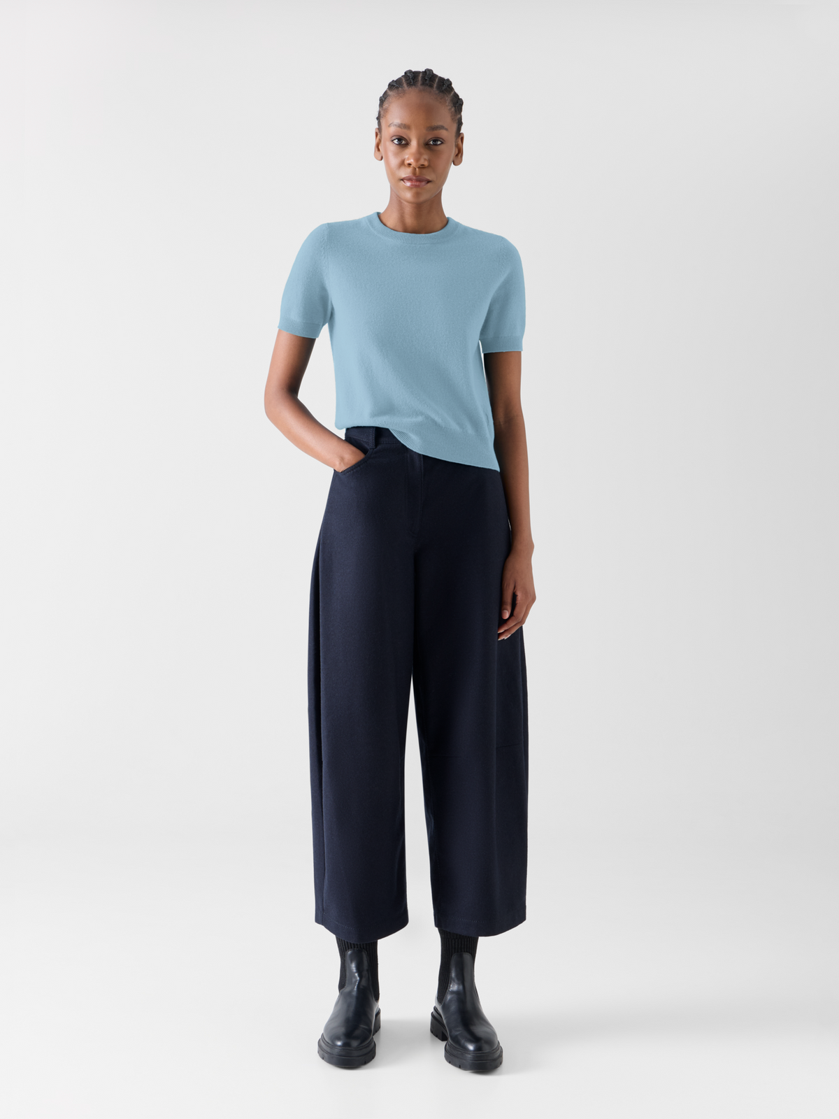 Designer Wool Cashmere Knit Sweater with Short Sleeves - blue #editorial