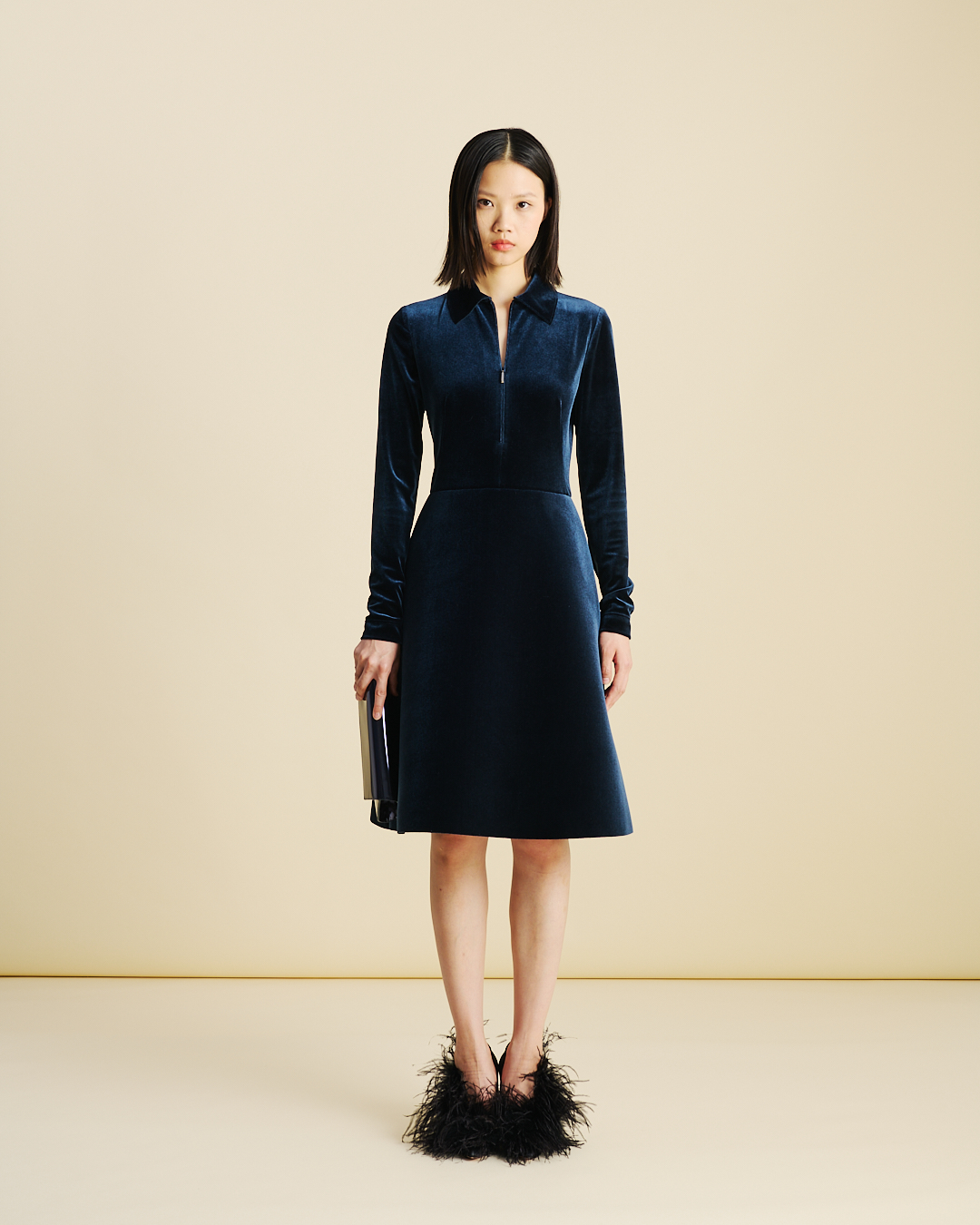 Designer Short Velvet Neoprene A-Line Shirt Dress - neutral - navy - blue 