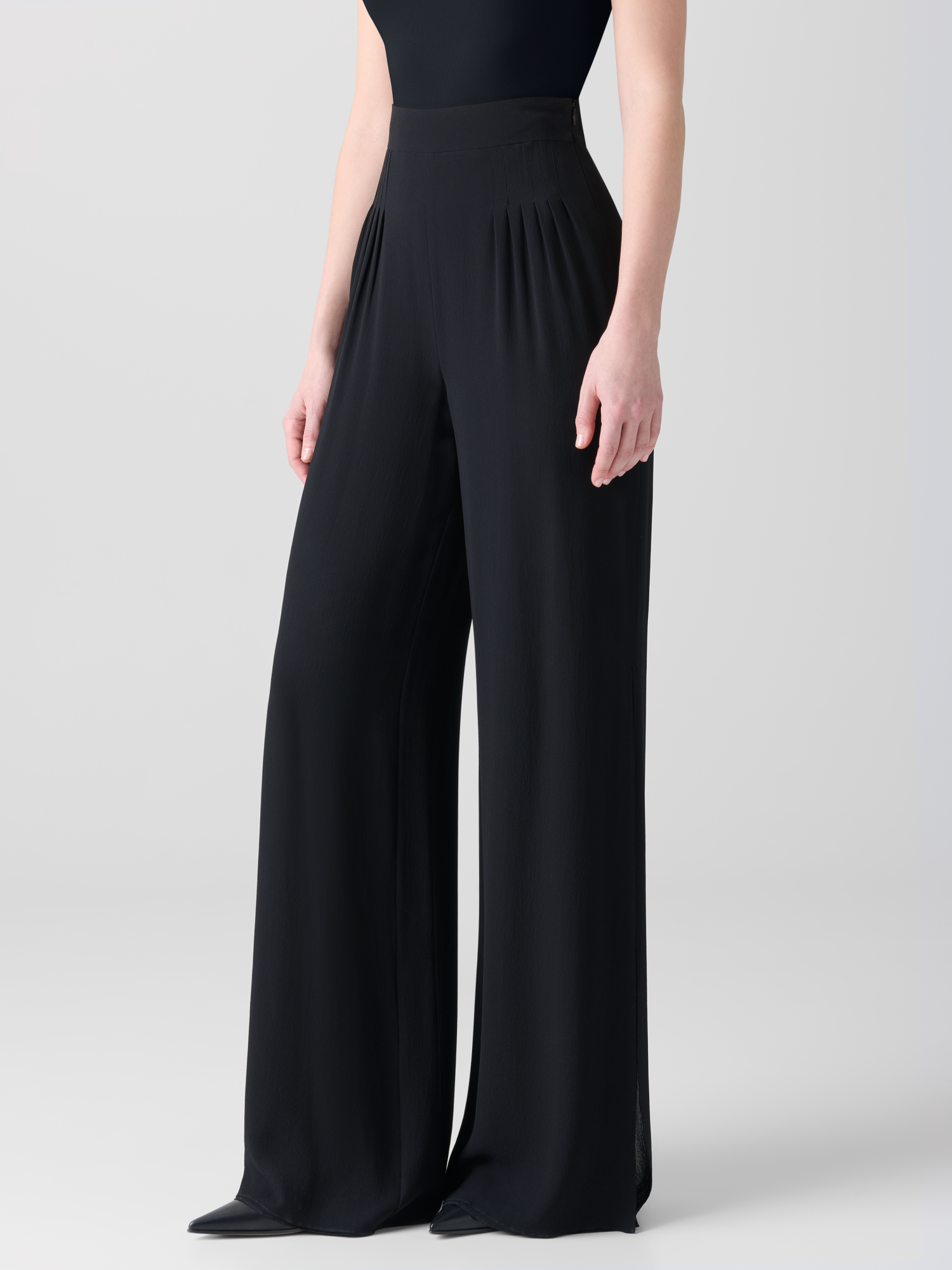 Designer Palazzo Silk Pants with Side Slits - black - neutral 