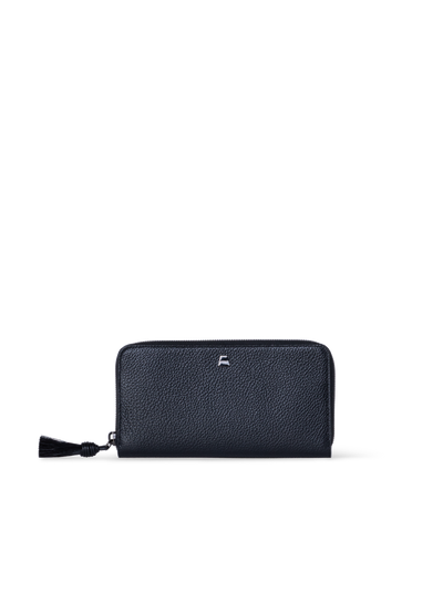 Designer Long Zip Around Wallet in Leather - black