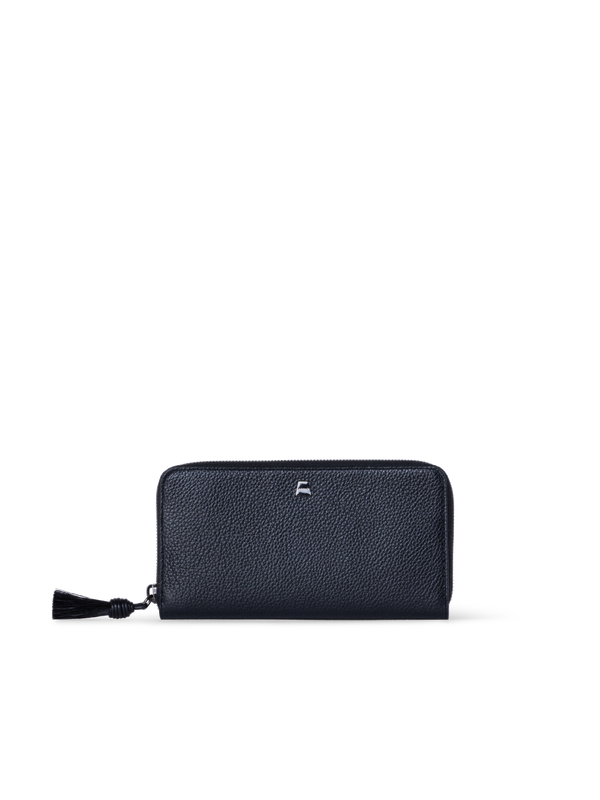 Designer Long Zip Around Wallet in Leather - black