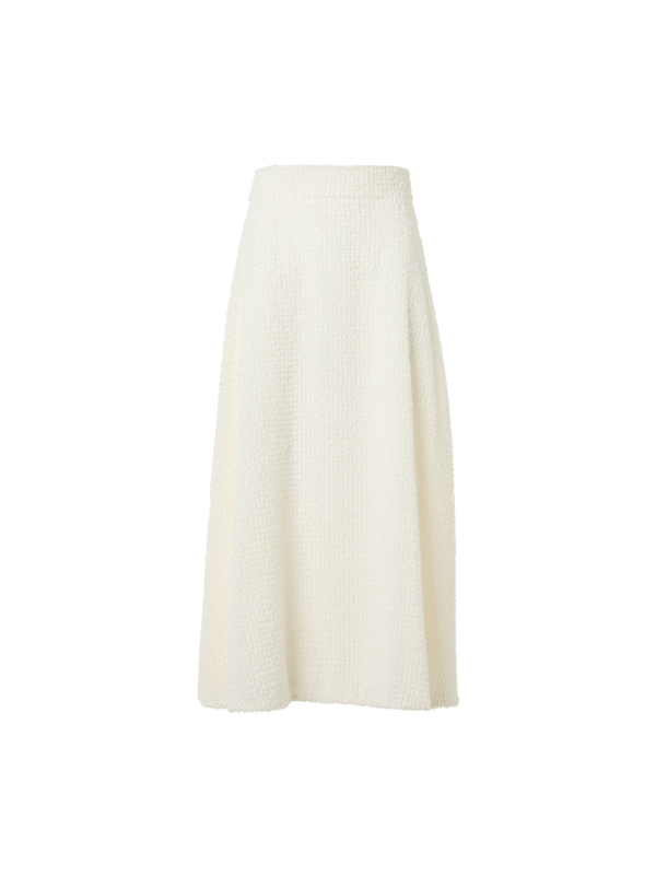 Designer Flared Midi Skirt in Fringed Grid - ecru