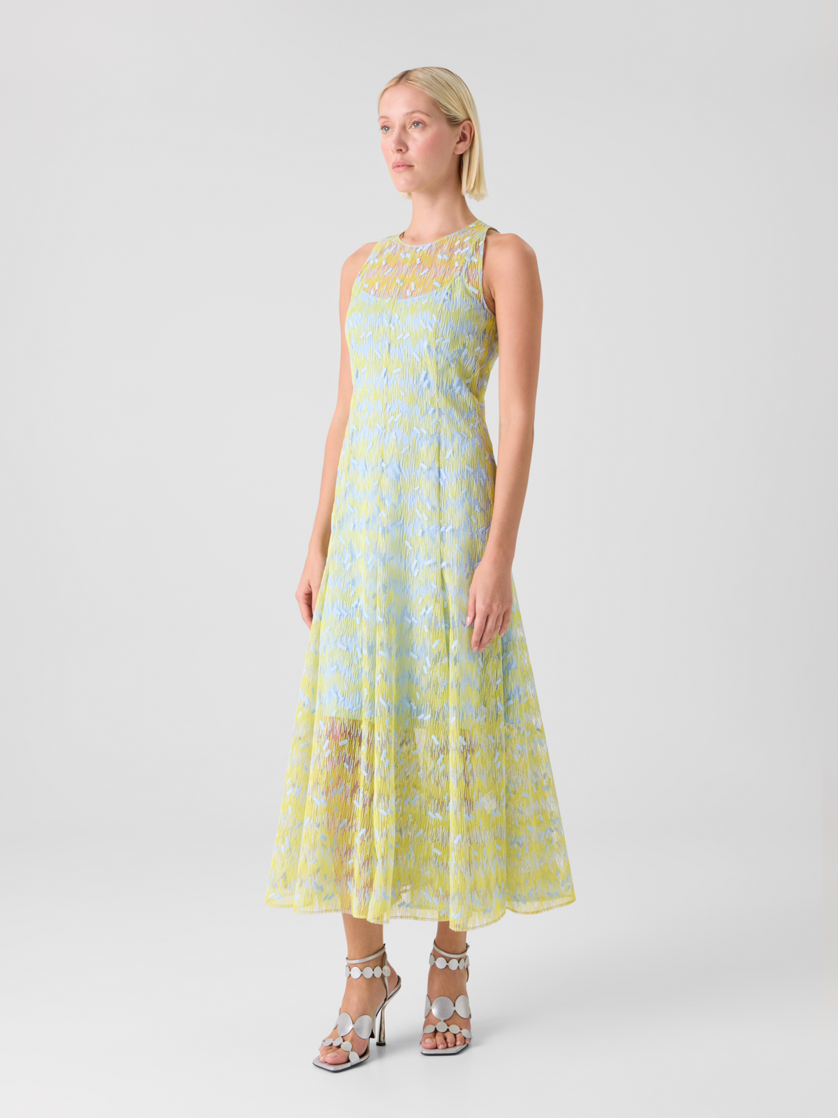 Designer Sheer Scribble Dot Embroidered Flared Midi Dress - blue - yellow #editorial