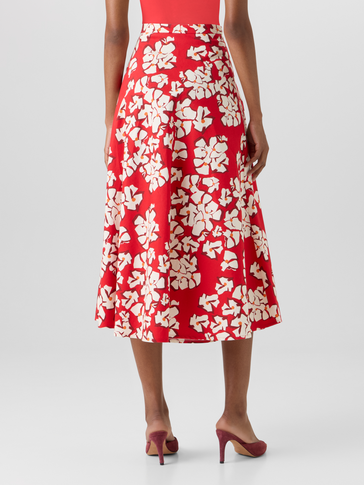 Designer Flared Papercut Flower Midi Skirt - red #editorial