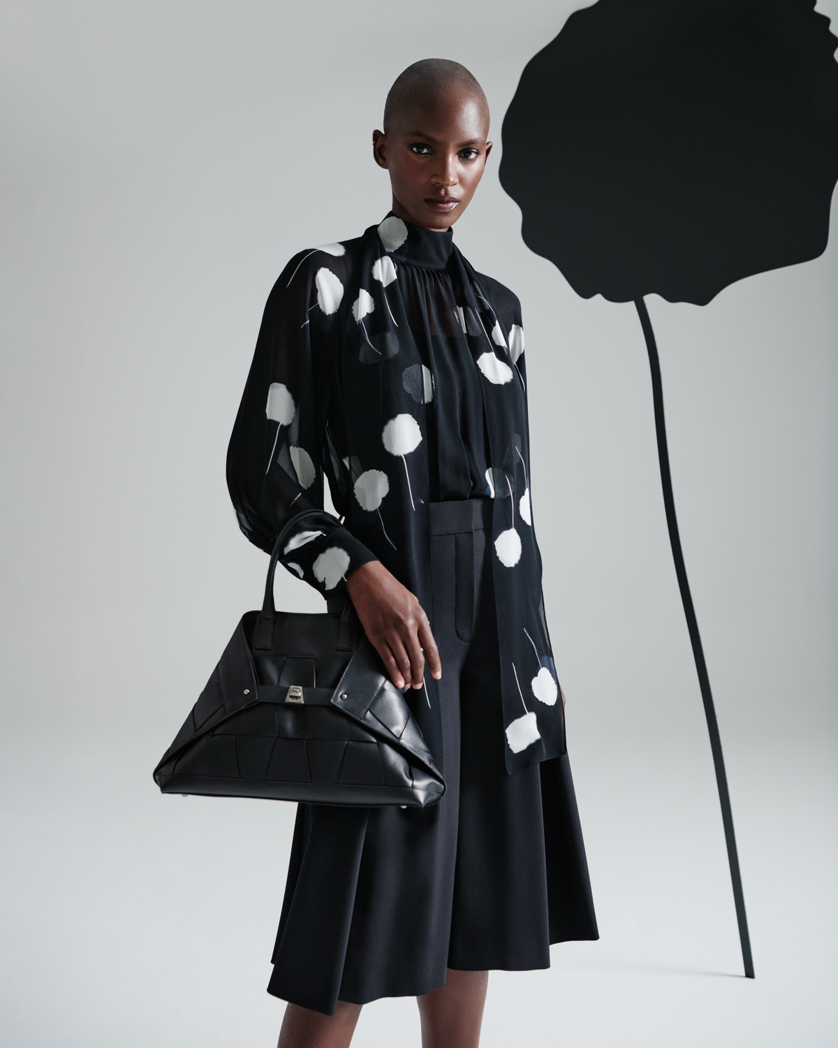 Designer Bow Tie Blouse in Silk with Dandelion Print  - black - multicolor #editorial